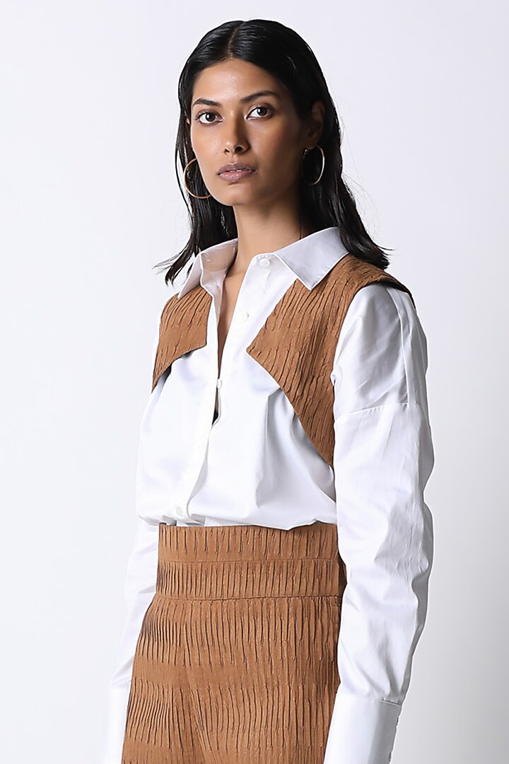 White & Tan Cotton Shirt by 431-88 By Shweta Kapur at Pernia's Pop Up Shop