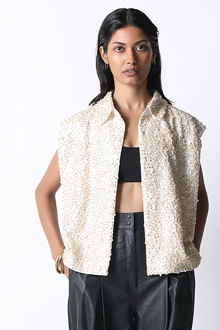White Cotton Shell Jacket by 431-88 By Shweta Kapur at Pernia's Pop Up Shop