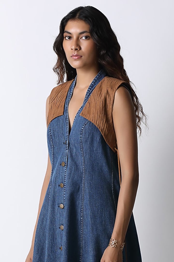 Dark Blue & Tan Denim Vacation Dress by 431-88 By Shweta Kapur at Pernia's Pop Up Shop