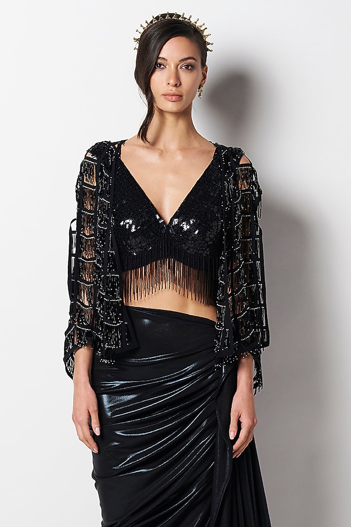 Black Suiting Crepe Embroidered Cape by 431-88 By Shweta Kapur at Pernia's Pop Up Shop