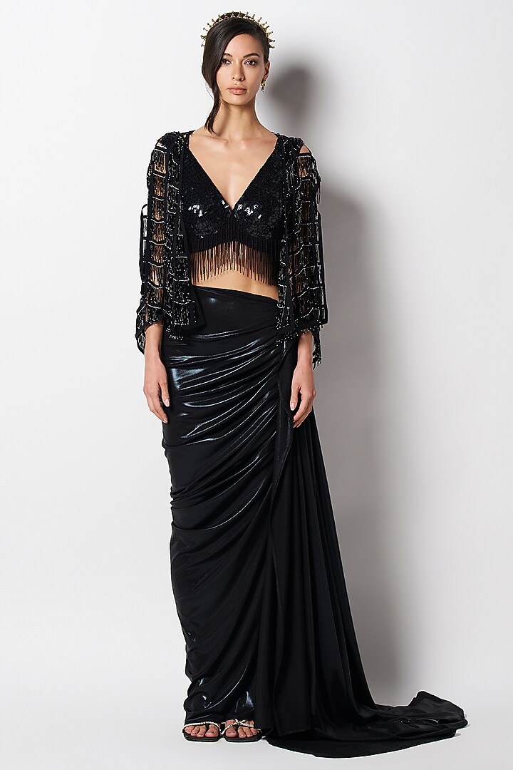 Black Suiting Crepe Embroidered Cape by 431-88 By Shweta Kapur at Pernia's Pop Up Shop
