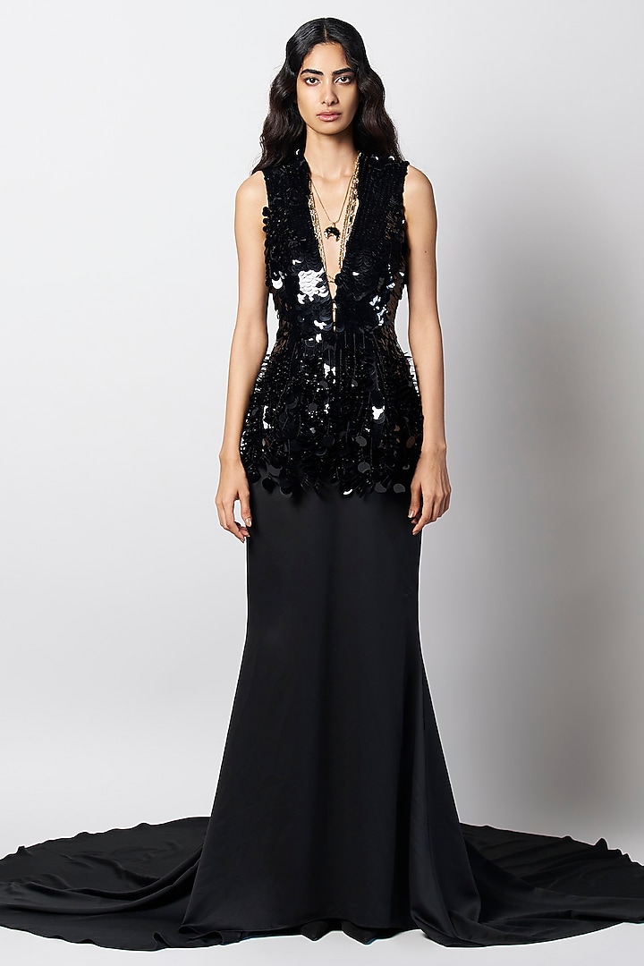 Black Silk Hand Embroidered Peplum Jacket by 431-88 By Shweta Kapur at Pernia's Pop Up Shop