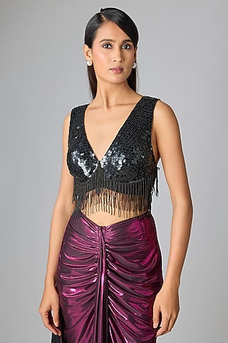 Black Silk Embroidered Blouse by 431-88 By Shweta Kapur