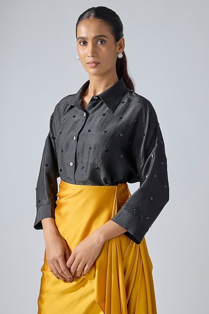 Black Silk Hand Embroidered Shirt by 431-88 By Shweta Kapur at Pernia's Pop Up Shop