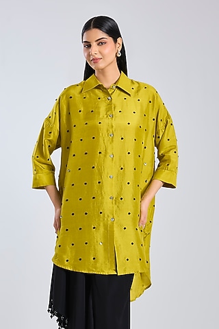 Kelly Green Silk Hand Embroidered Shirt by 431-88 By Shweta Kapur