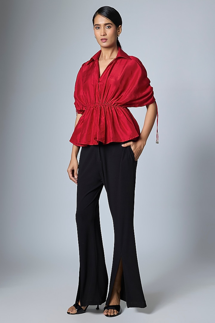 Red Silk Embroidered Shirt by 431-88 By Shweta Kapur at Pernia's Pop Up Shop