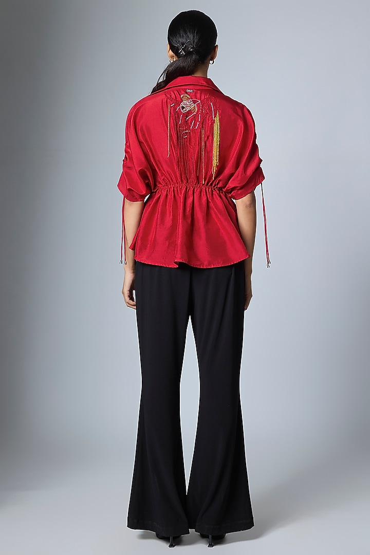 Red Silk Embroidered Shirt by 431-88 By Shweta Kapur at Pernia's Pop Up Shop