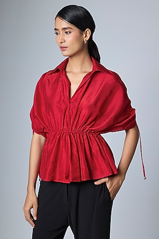 Red Silk Embroidered Shirt by 431-88 By Shweta Kapur