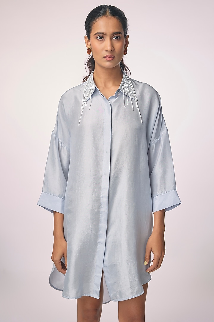 Ice Blue Silk Embroidered Shirt by 431-88 By Shweta Kapur at Pernia's Pop Up Shop