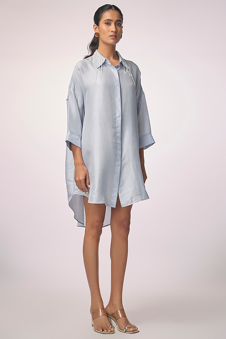 Ice Blue Silk Embroidered Shirt by 431-88 By Shweta Kapur at Pernia's Pop Up Shop