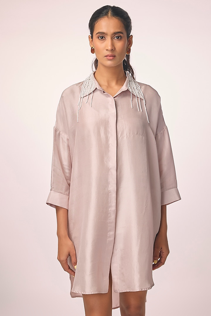 Baby Pink Silk Embroidered Shirt by 431-88 By Shweta Kapur at Pernia's Pop Up Shop