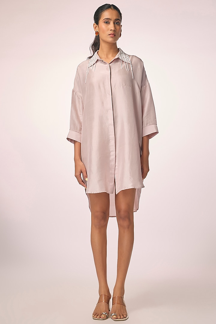 Baby Pink Silk Embroidered Shirt by 431-88 By Shweta Kapur at Pernia's Pop Up Shop