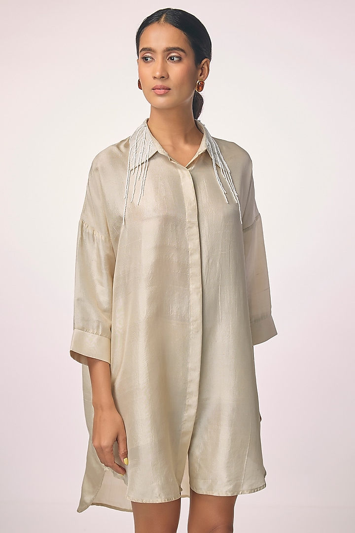 Champagne Silk Embroidered Shirt by 431-88 By Shweta Kapur at Pernia's Pop Up Shop