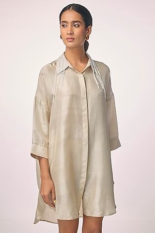 Champagne Silk Embroidered Shirt by 431-88 By Shweta Kapur