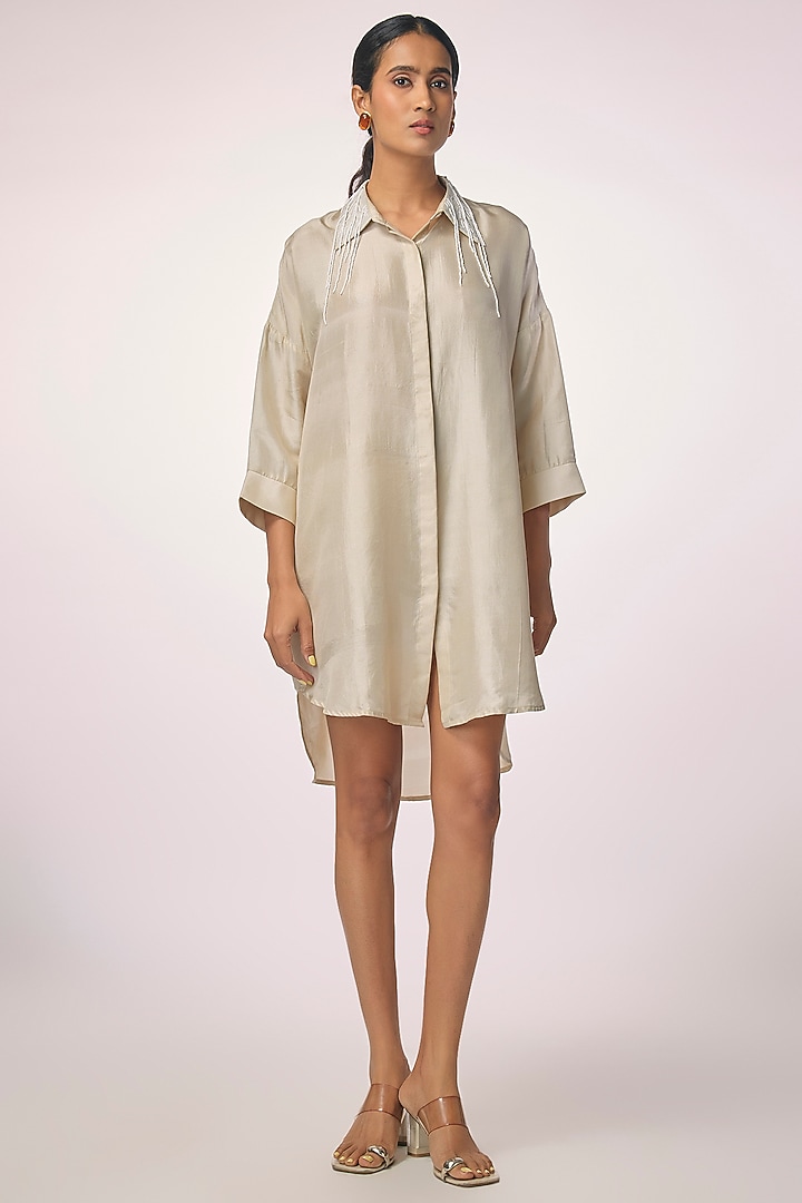 Champagne Silk Embroidered Shirt by 431-88 By Shweta Kapur at Pernia's Pop Up Shop