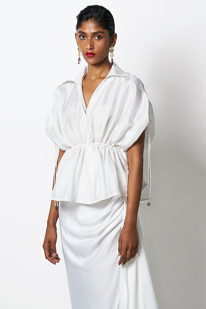 White Silk Embroidered Shirt by 431-88 By Shweta Kapur at Pernia's Pop Up Shop