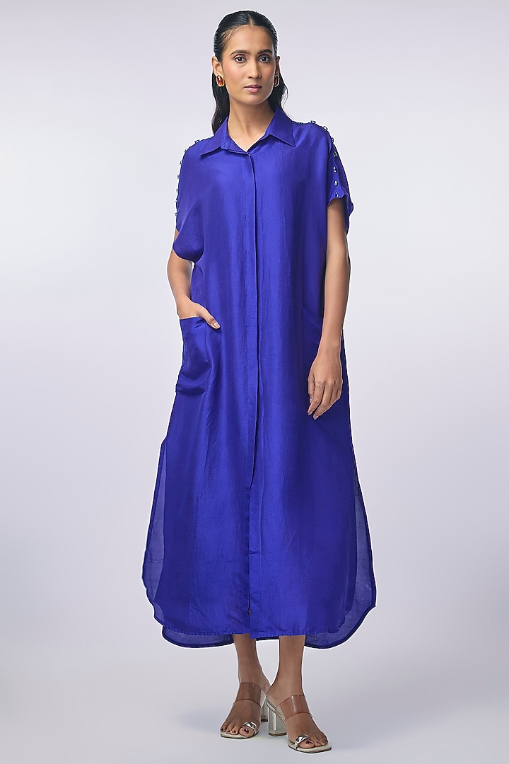 Electric Blue Silk Embellished Tunic by 431-88 By Shweta Kapur at Pernia's Pop Up Shop