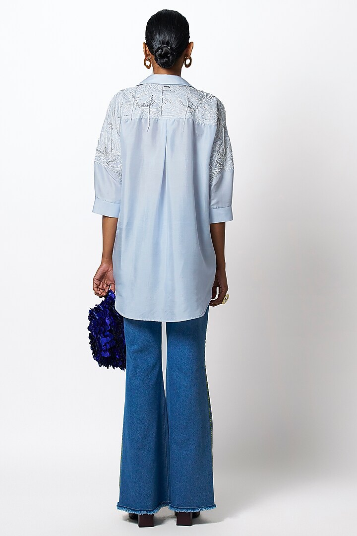 Ice Blue & White Dupion Pearl Hand Embroidered Shirt by 431-88 By Shweta Kapur at Pernia's Pop Up Shop