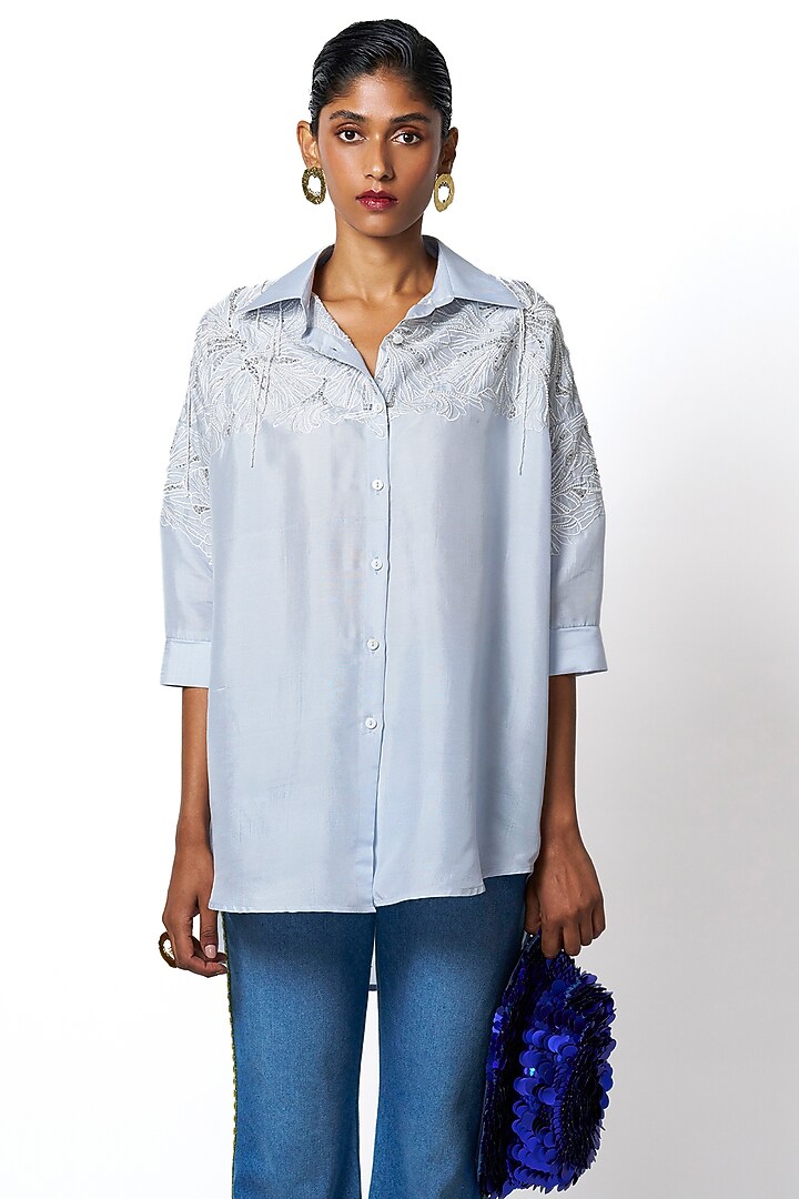 Ice Blue & White Dupion Pearl Hand Embroidered Shirt by 431-88 By Shweta Kapur at Pernia's Pop Up Shop