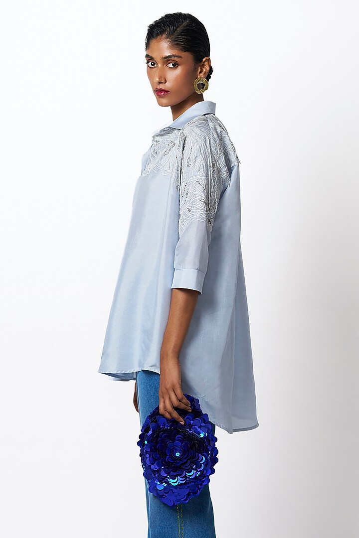 Ice Blue & White Dupion Pearl Hand Embroidered Shirt by 431-88 By Shweta Kapur at Pernia's Pop Up Shop