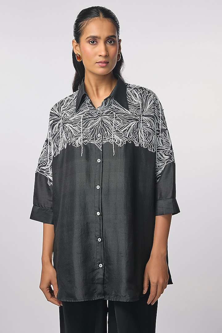 Black Silk Hand Embroidered Shirt by 431-88 By Shweta Kapur at Pernia's Pop Up Shop