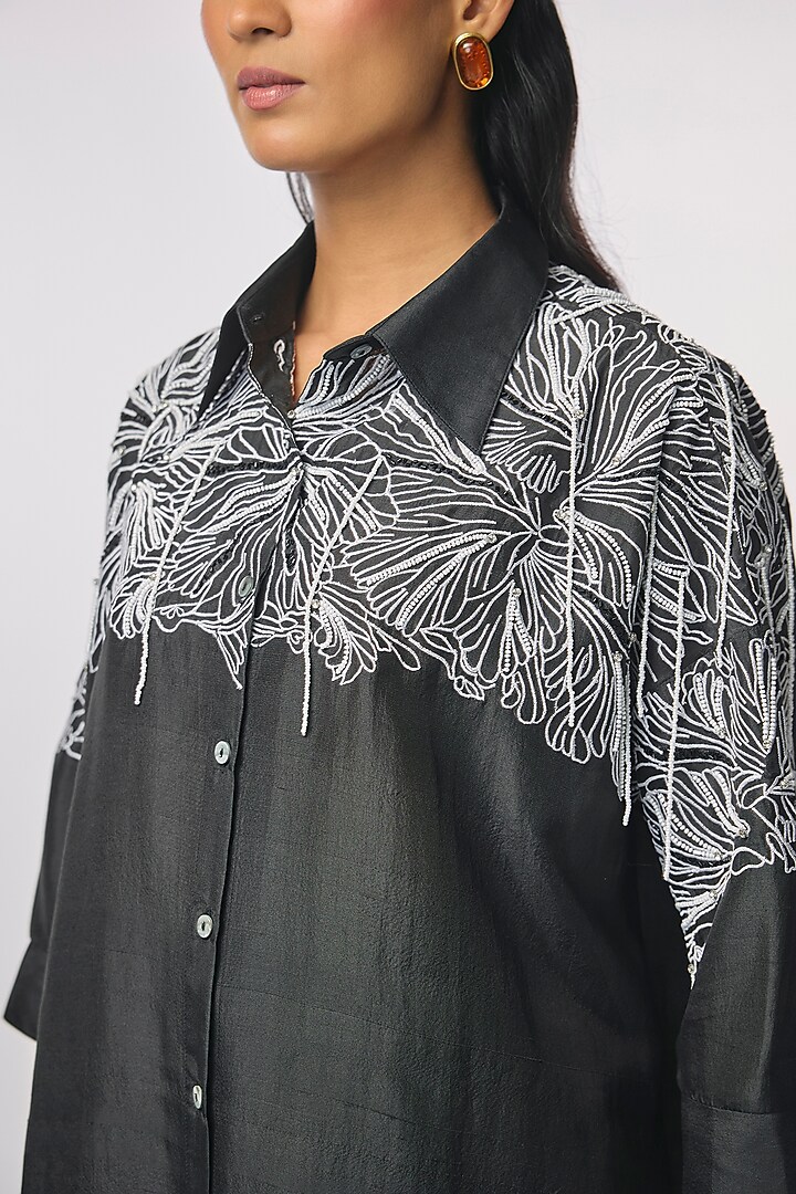 Black Silk Hand Embroidered Shirt by 431-88 By Shweta Kapur at Pernia's Pop Up Shop