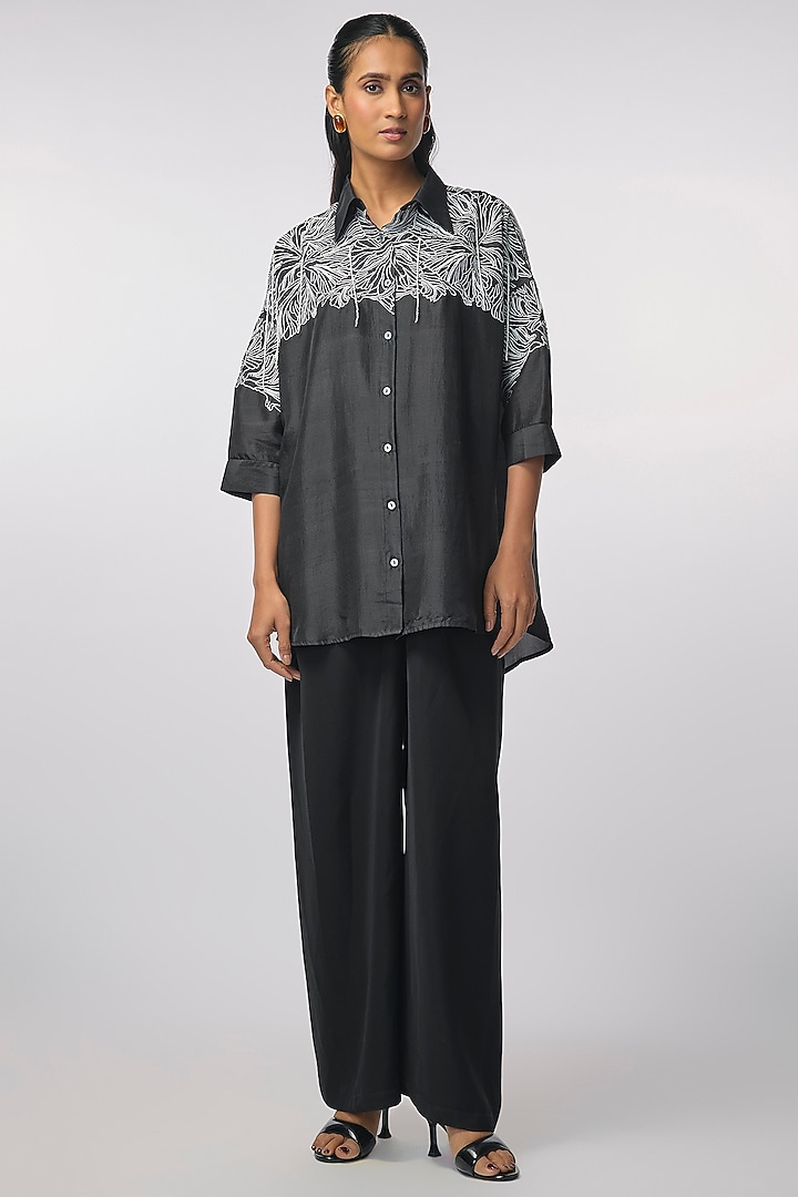 Black Silk Hand Embroidered Shirt by 431-88 By Shweta Kapur at Pernia's Pop Up Shop