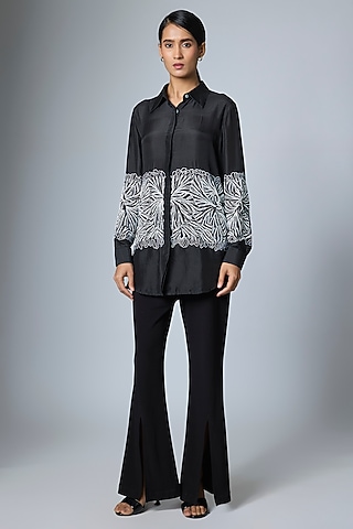 Black & White Dupion Hand Embroidered Shirt by 431-88 By Shweta Kapur