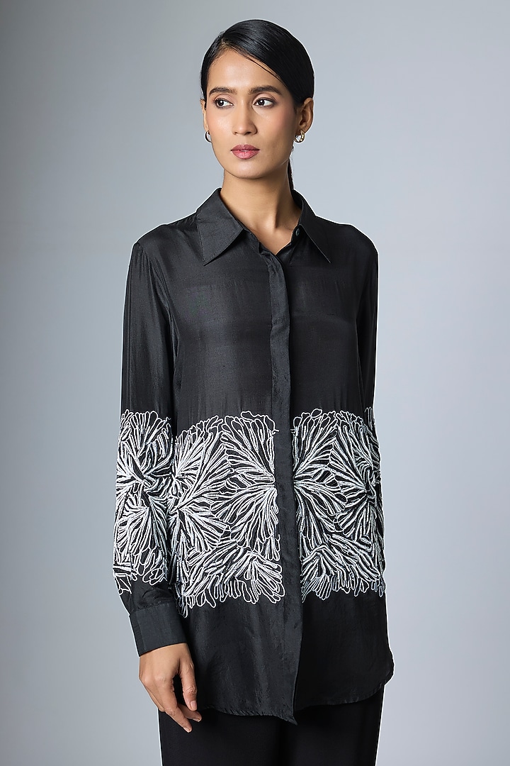 Black & White Dupion Hand Embroidered Shirt by 431-88 By Shweta Kapur at Pernia's Pop Up Shop