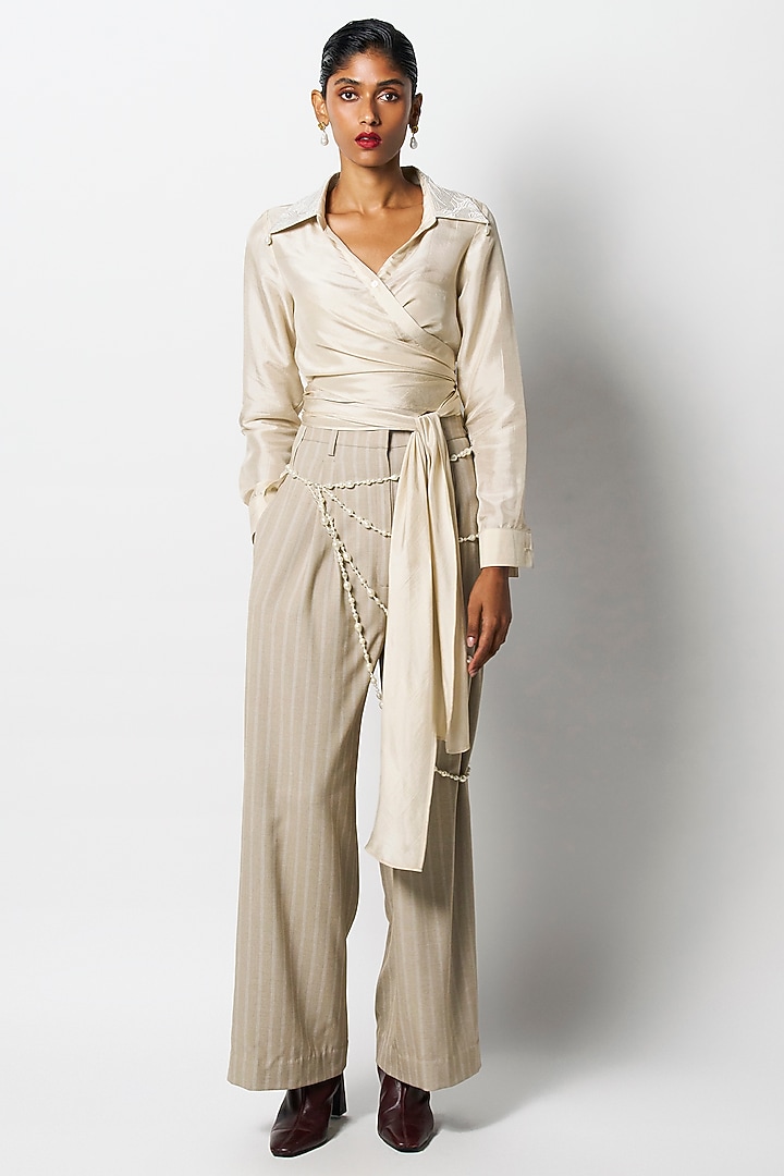 Champagne Dupion Embroidered Wrap Shirt by 431-88 By Shweta Kapur at Pernia's Pop Up Shop