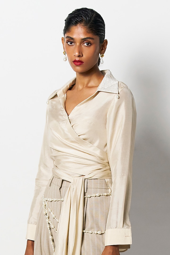 Champagne Dupion Embroidered Wrap Shirt by 431-88 By Shweta Kapur at Pernia's Pop Up Shop
