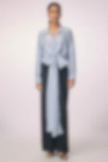 Ice Blue Dupion Embroidered Wrap Shirt by 431-88 By Shweta Kapur at Pernia's Pop Up Shop