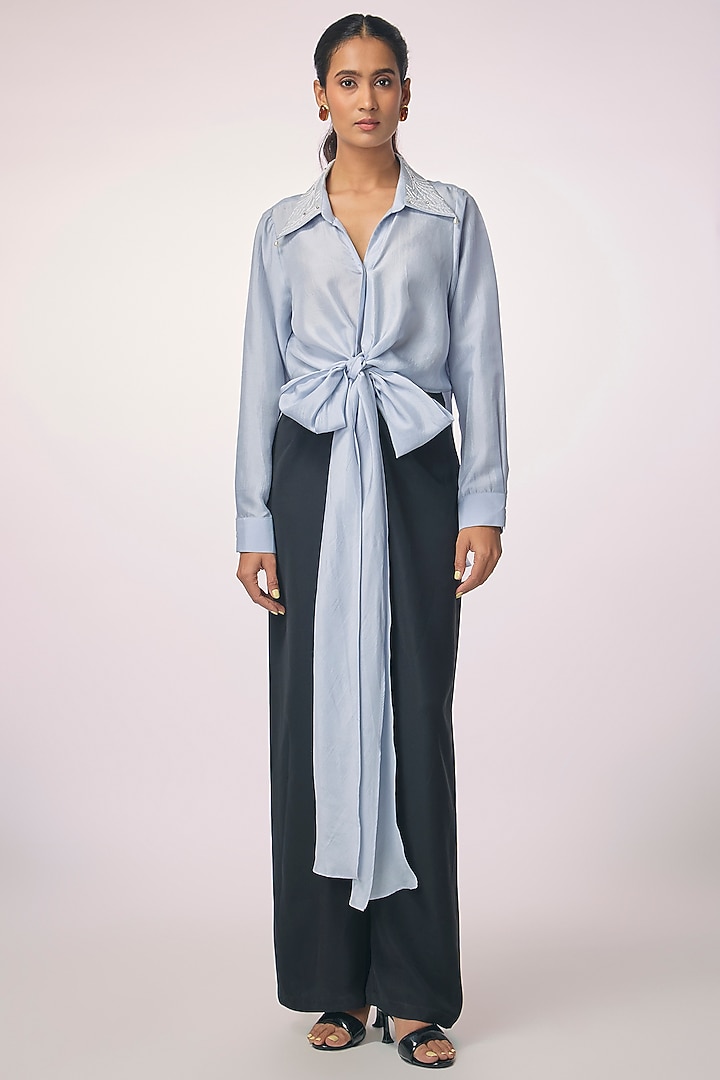 Ice Blue Dupion Embroidered Wrap Shirt by 431-88 By Shweta Kapur at Pernia's Pop Up Shop