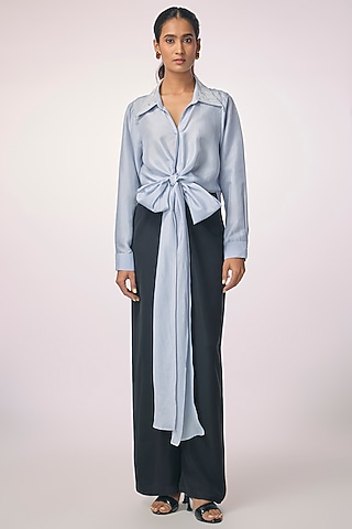 Ice Blue Dupion Embroidered Wrap Shirt by 431-88 By Shweta Kapur