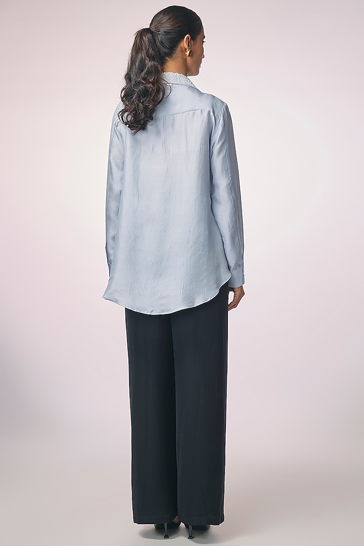 Ice Blue Dupion Embroidered Wrap Shirt by 431-88 By Shweta Kapur at Pernia's Pop Up Shop