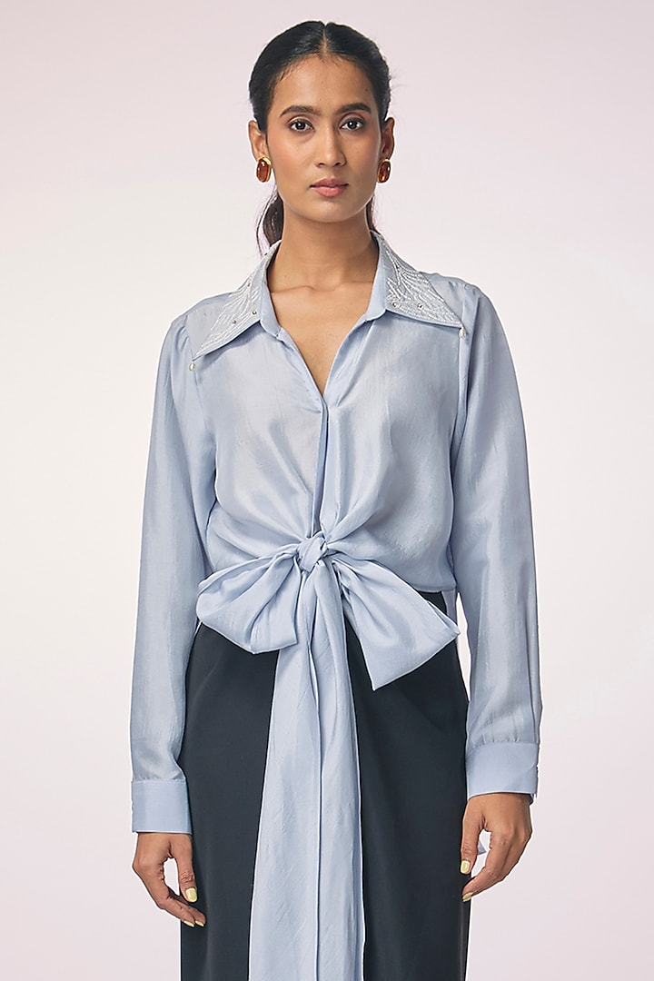Ice Blue Dupion Embroidered Wrap Shirt by 431-88 By Shweta Kapur at Pernia's Pop Up Shop