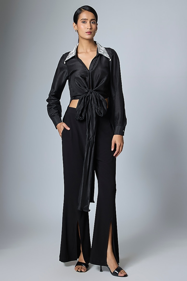 Black Silk Embroidered Wrap-Around Shirt by 431-88 By Shweta Kapur at Pernia's Pop Up Shop