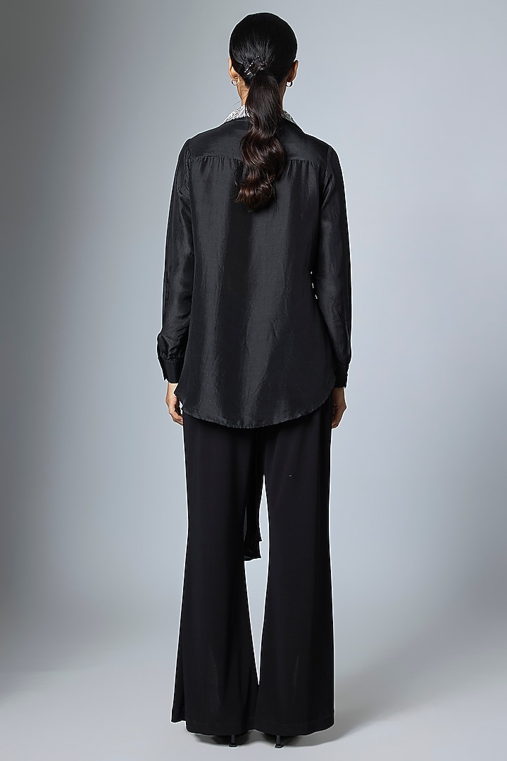 Black Silk Embroidered Wrap-Around Shirt by 431-88 By Shweta Kapur at Pernia's Pop Up Shop
