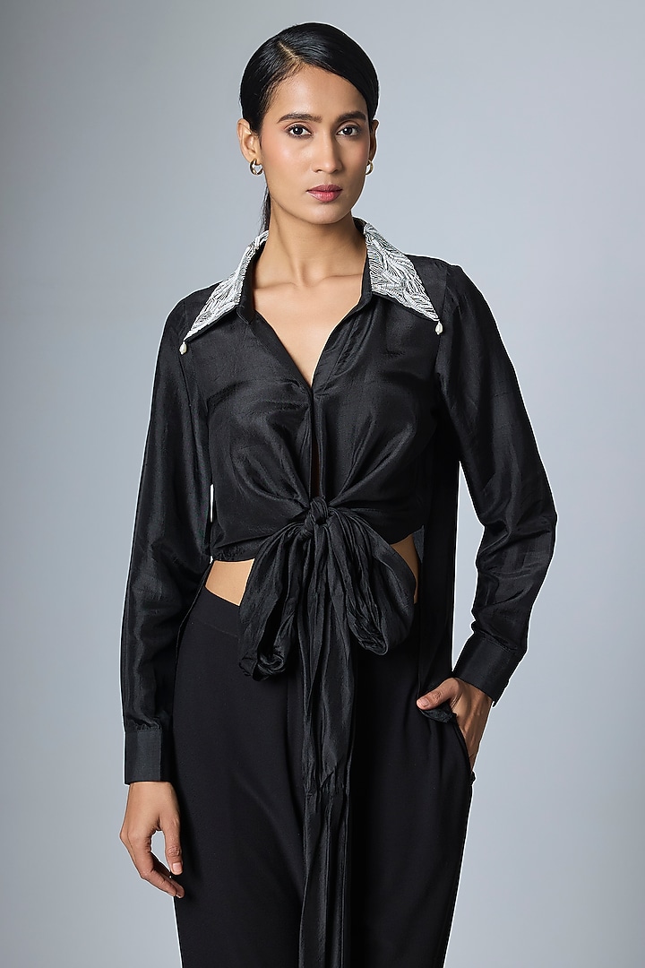 Black Silk Embroidered Wrap-Around Shirt by 431-88 By Shweta Kapur at Pernia's Pop Up Shop