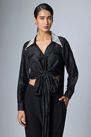 Black Silk Embroidered Wrap-Around Shirt by 431-88 By Shweta Kapur