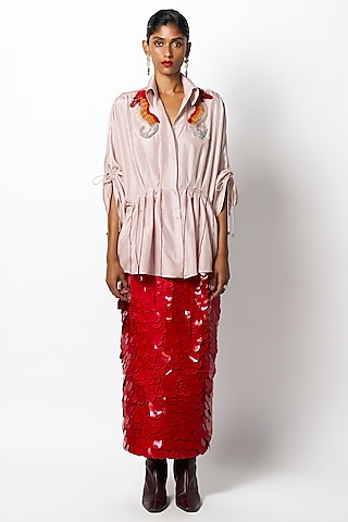 Baby Pink Silk Thread Embroidered Kimono Shirt by 431-88 By Shweta Kapur