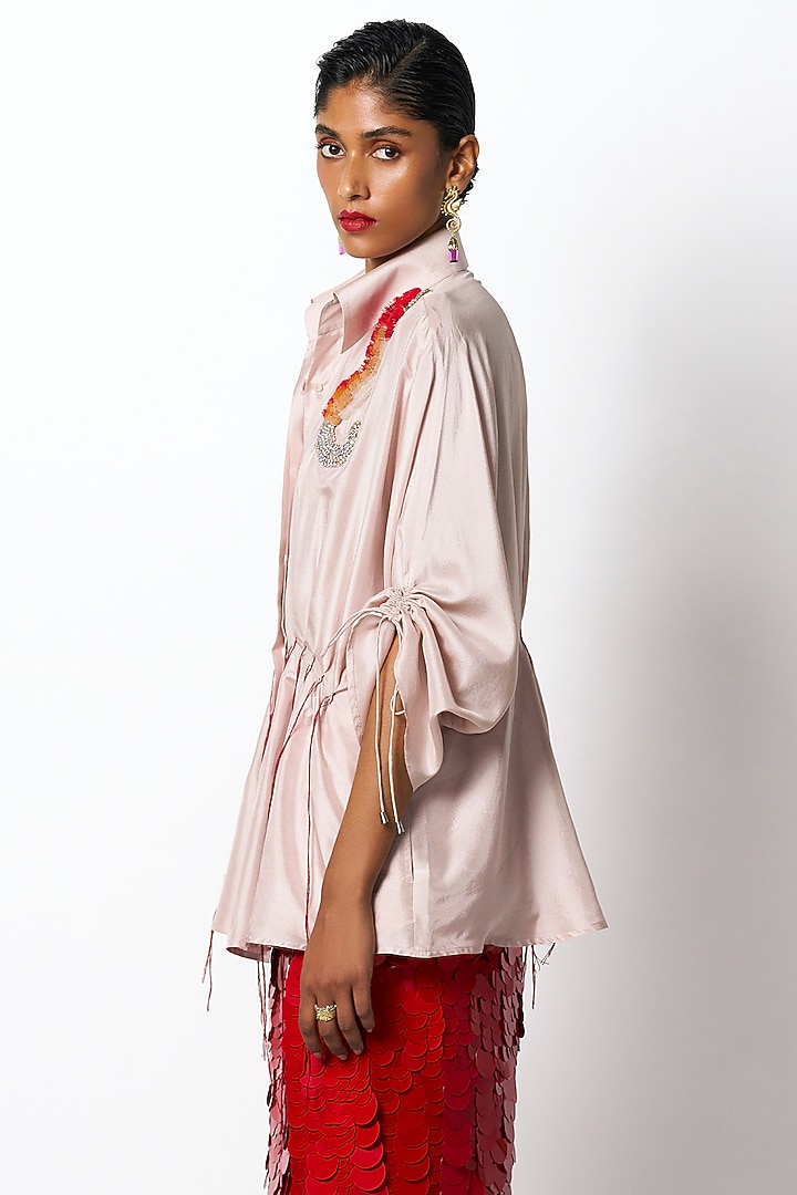 Baby Pink Silk Thread Embroidered Kimono Shirt by 431-88 By Shweta Kapur at Pernia's Pop Up Shop