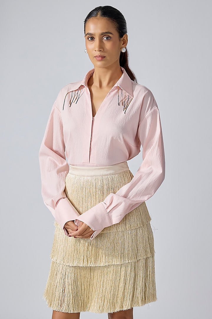 Baby Pink Crinkled Crepe Shirt by 431-88 By Shweta Kapur at Pernia's Pop Up Shop