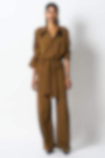 Brown Suiting Crepe Tie-Up Straight Pants by 431-88 By Shweta Kapur at Pernia's Pop Up Shop