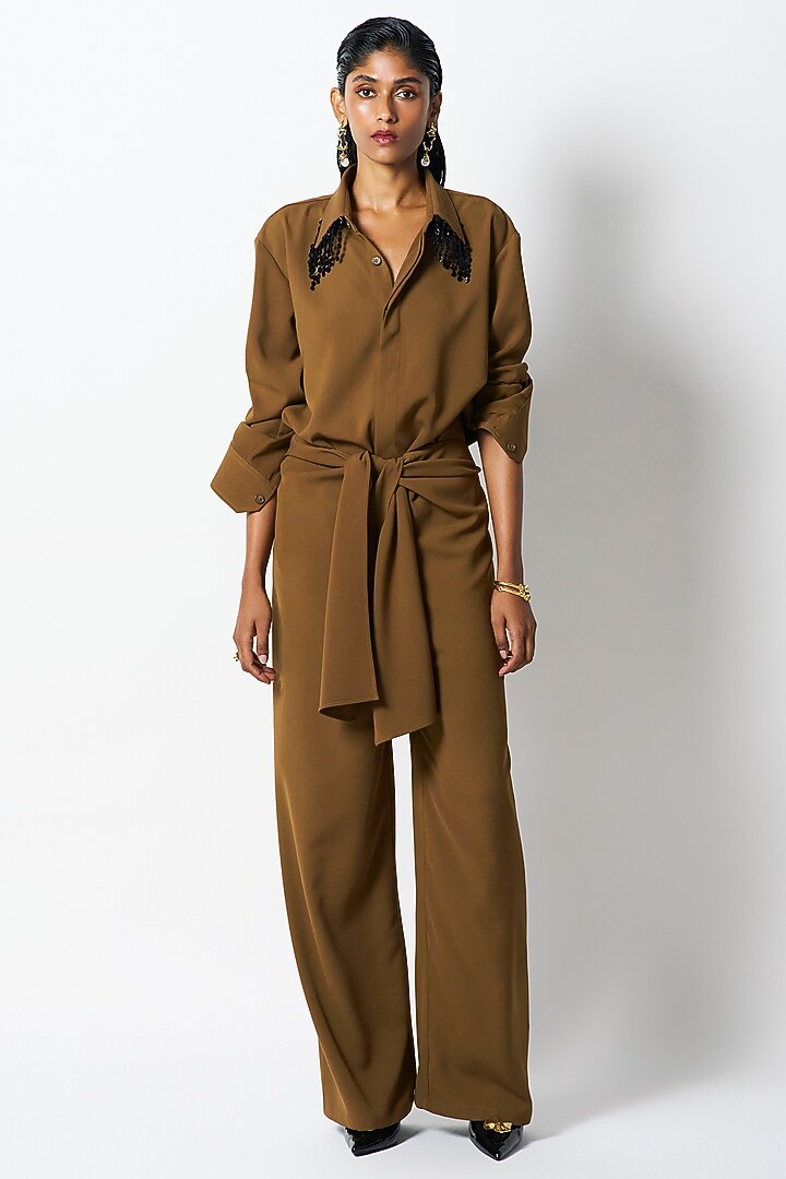 Brown Suiting Crepe Tie-Up Straight Pants by 431-88 By Shweta Kapur at Pernia's Pop Up Shop