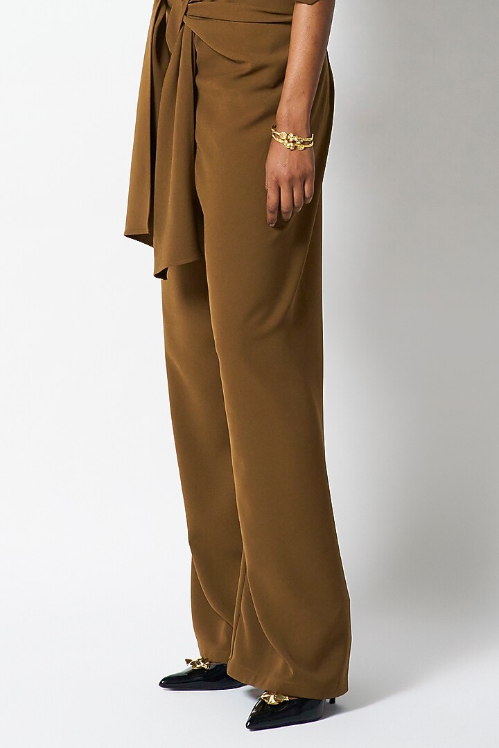 Brown Suiting Crepe Tie-Up Straight Pants by 431-88 By Shweta Kapur at Pernia's Pop Up Shop