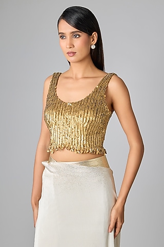 Golden Silk Sequins Embroidered Blouse by 431-88 By Shweta Kapur