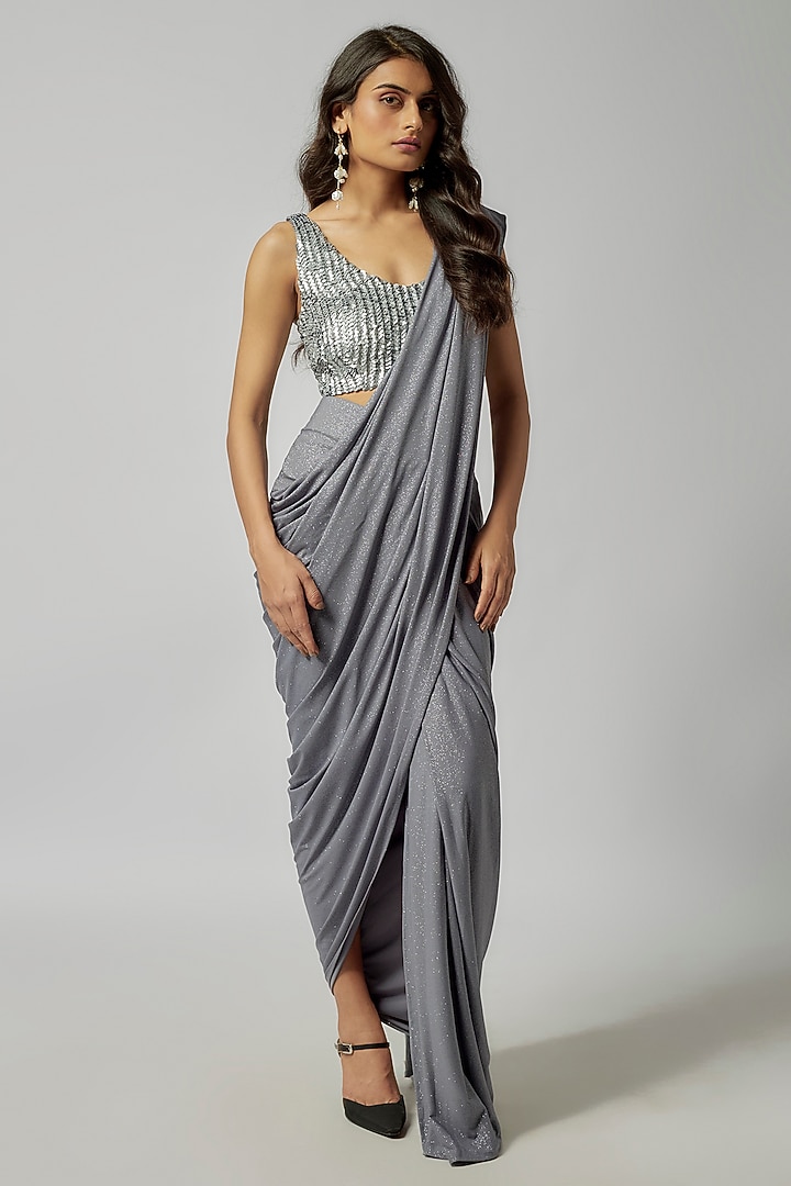 Grey Shimmer Jersey Pre-Draped Wedding Saree by 431-88 By Shweta Kapur at Pernia's Pop Up Shop