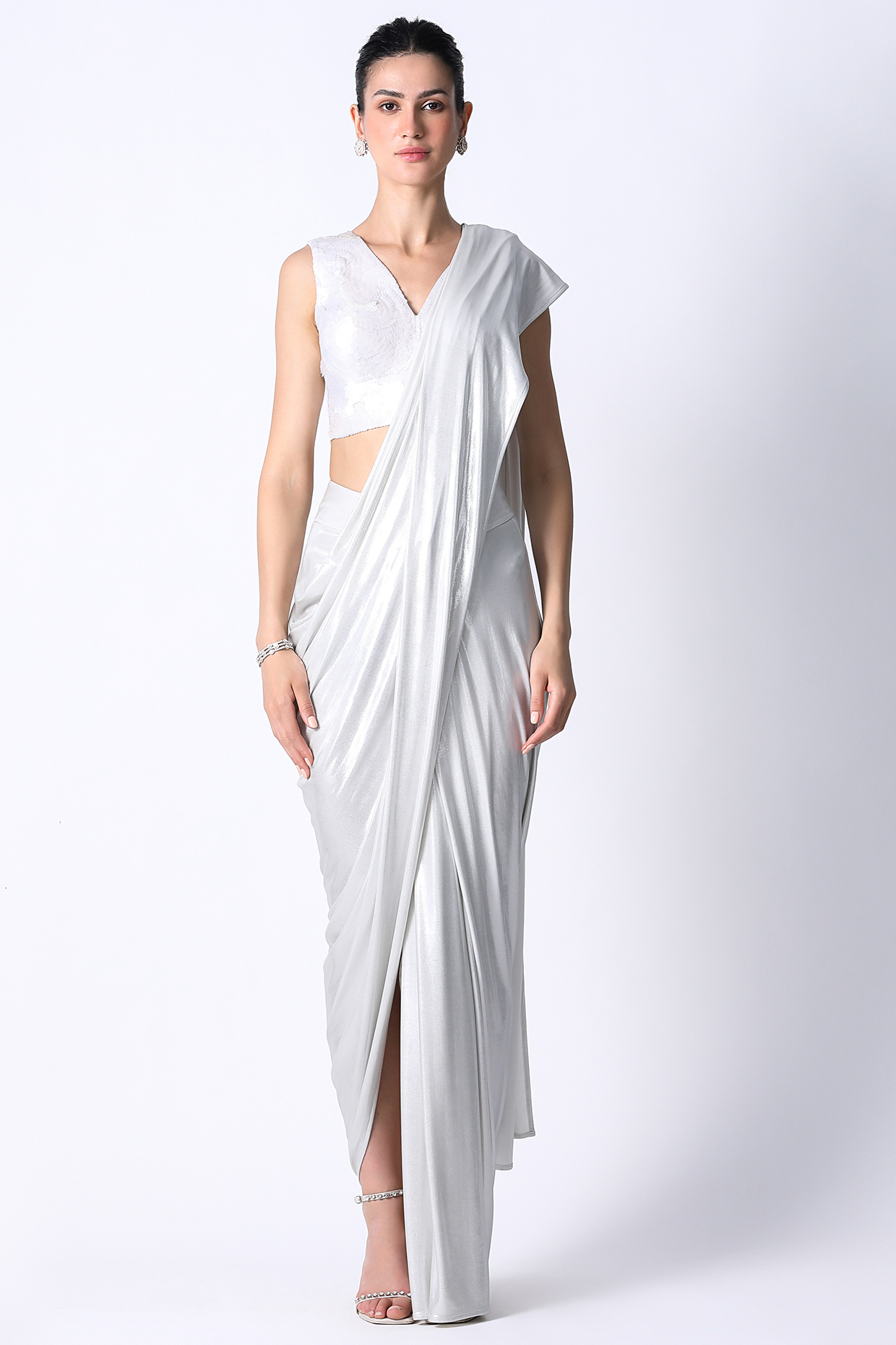 White Jersey Draped Party Wear Saree by 431-88 By Shweta Kapur at Pernia's Pop Up Shop