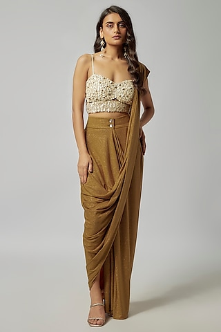 Gold Shimmer Jersey Pre-Draped Saree by 431-88 By Shweta Kapur